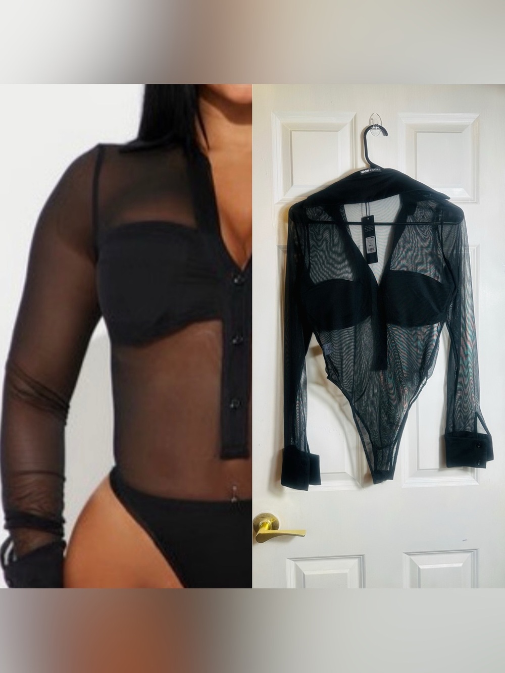 Fashion Nova Black Sheer Mesh Long-Sleeve Bodysuit
